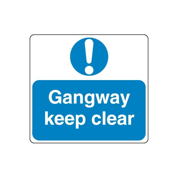 Blue safety sign decal: Gangway keep clear with exclamation icon