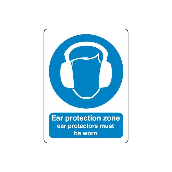 Ear protection zone sticker: blue circle with earmuff icon and 'be worn' text