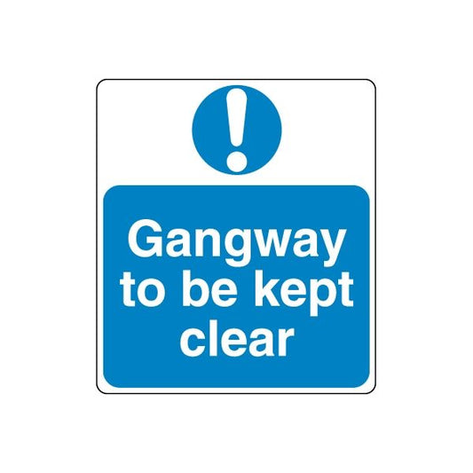 Blue safety sign vinyl decal: "Gangway to be kept clear" with exclamation