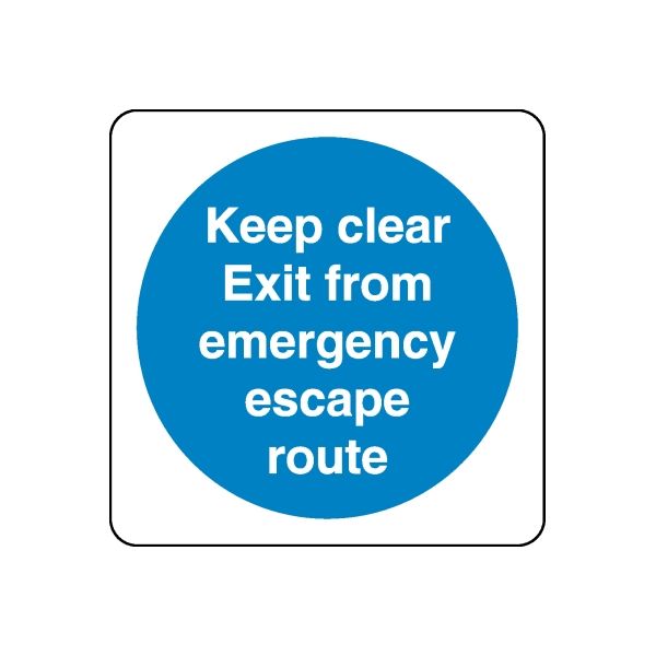 Safety sign wall decal: blue circle with white text 'Keep clear Exit from emergency escape route'.