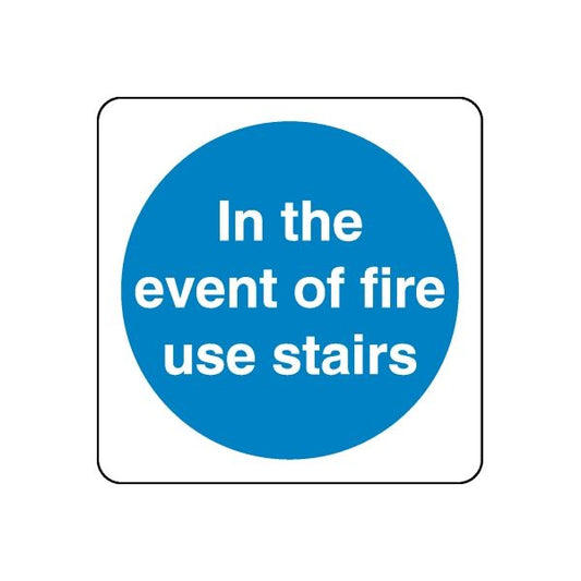 Safety sign decal: blue circle with white 'In the event of fire use stairs' text