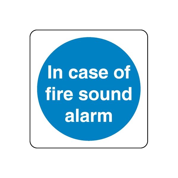 Safety sign wall decal: blue circle with white text 'In case of fire sound alarm'