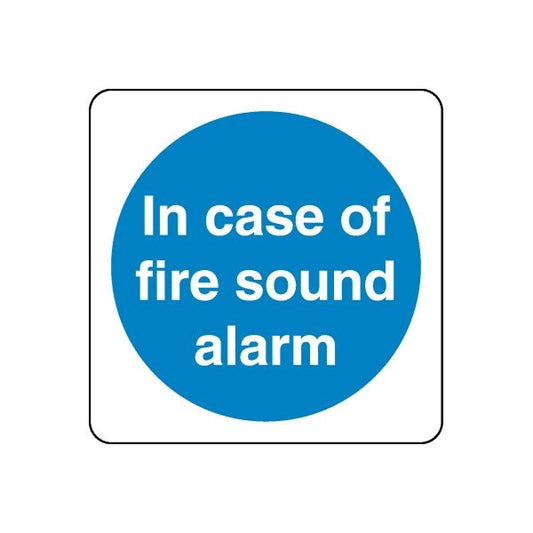 Safety sign wall decal: blue circle with white text 'In case of fire sound alarm'