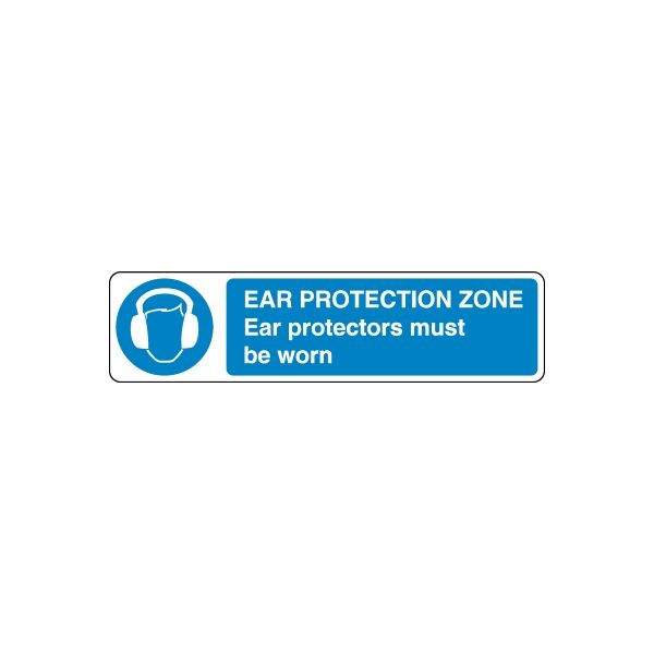 Blue ear protection zone wall decal with earmuffs icon and warning text