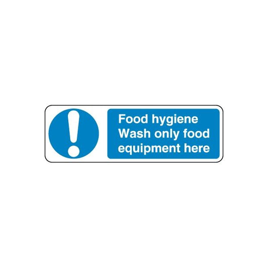 Blue food hygiene warning decal with white exclamation and 'Wash only food equipment here'