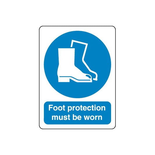 Safety sign decal: blue boot icon in circle, text 'Foot protection must be worn'.