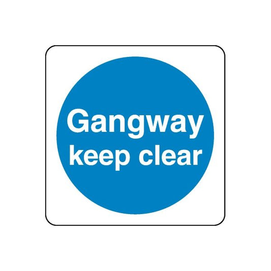 Safety sign decal sticker with blue circle text 'Gangway keep clear' on white