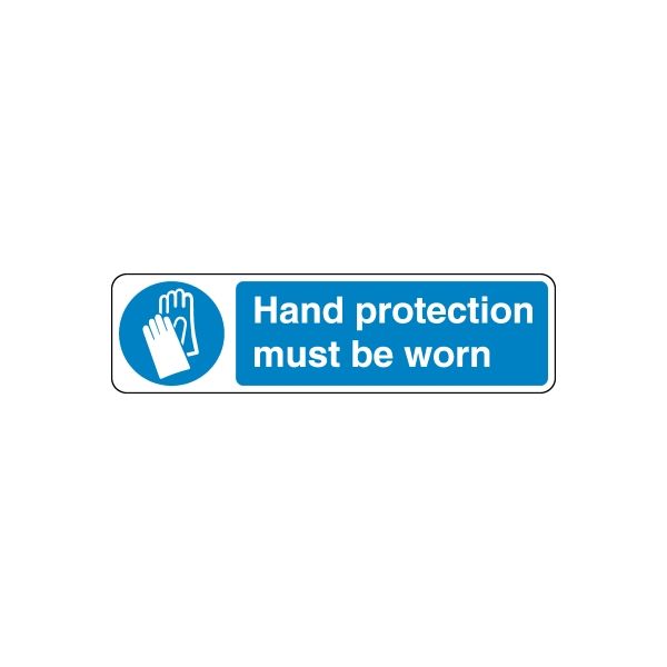 Safety sign decal: blue hand icon and “Hand protection must be worn” text