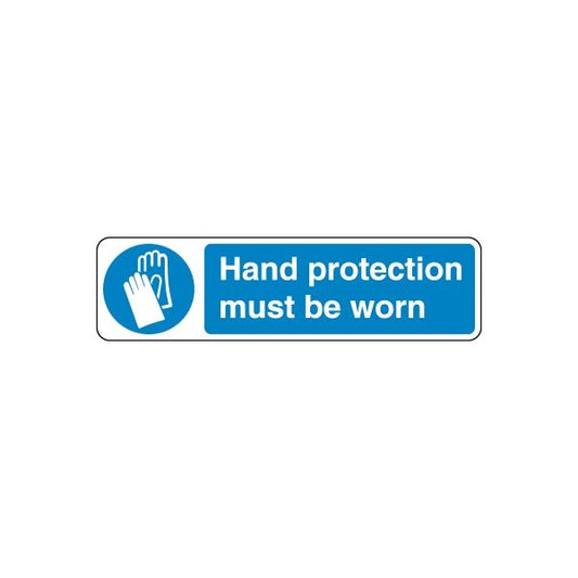 Safety sign decal: blue hand icon and “Hand protection must be worn” text