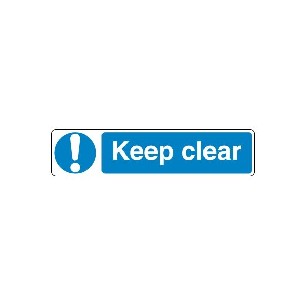 Safety sign wall decal with blue “Keep clear” text and exclamation icon