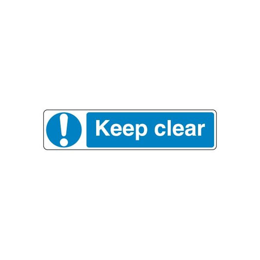 Safety sign wall decal with blue “Keep clear” text and exclamation icon
