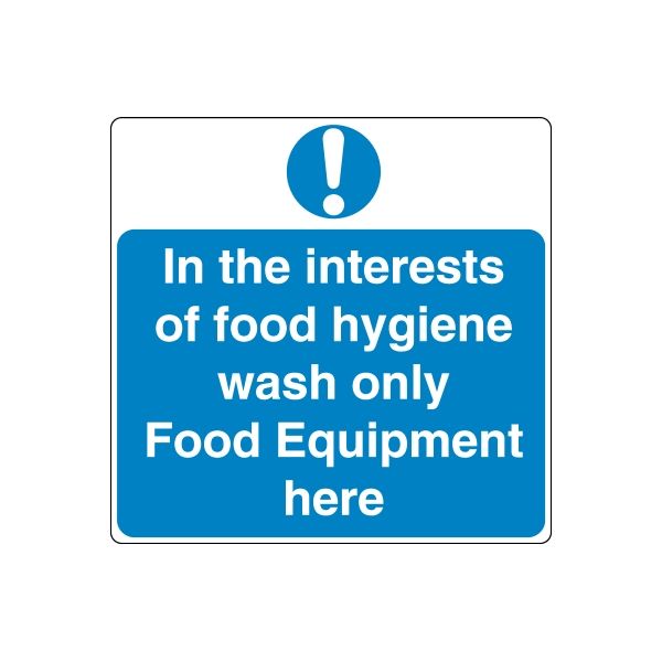 Blue safety sign decal with exclamation mark and text 'Food Equipment here'