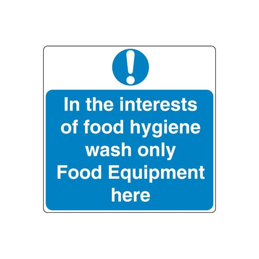 Blue safety sign decal with exclamation mark and text 'Food Equipment here'
