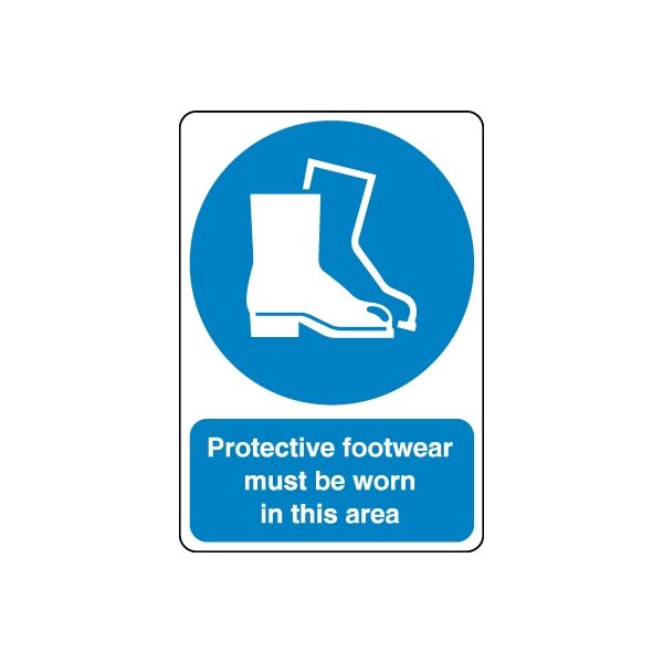 Safety sign wall decal: blue circle with white boot icon and text, Protective footwear must be worn.