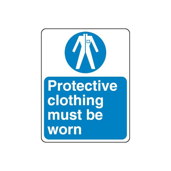 Safety sign wall decal with blue protective clothing must be worn text and white icon