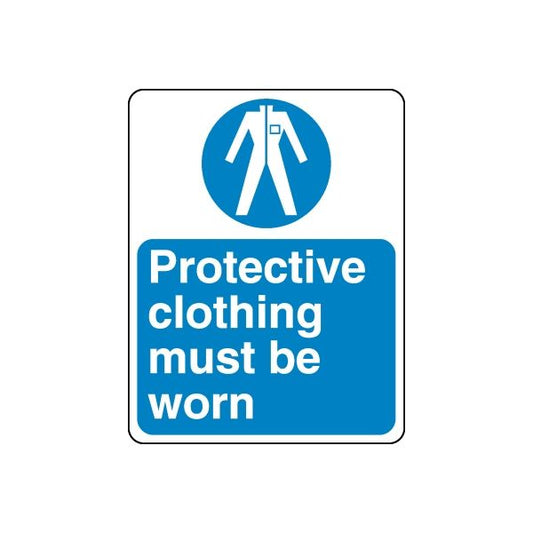 Safety sign wall decal with blue protective clothing must be worn text and white icon