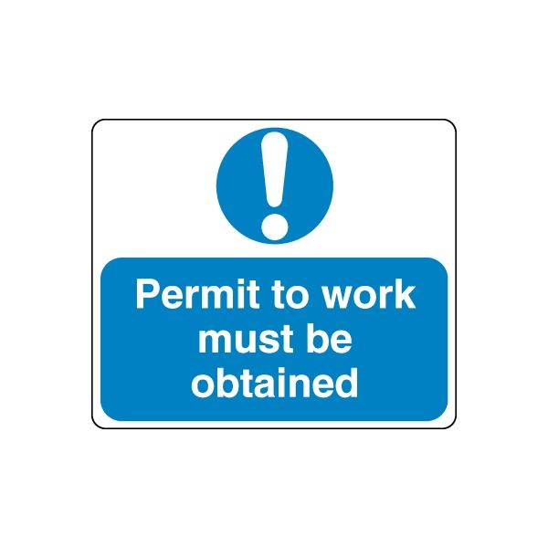 Blue safety sign wall decal: “Permit to work must be obtained” with exclamation icon