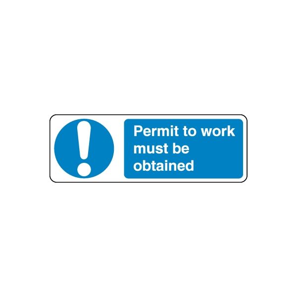 Safety sign sticker: blue exclamation icon with “Permit to work must be obtained”
