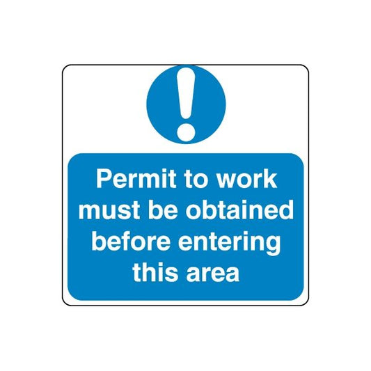 Safety sign decal, blue rectangle with white exclamation and 'Permit to work' text
