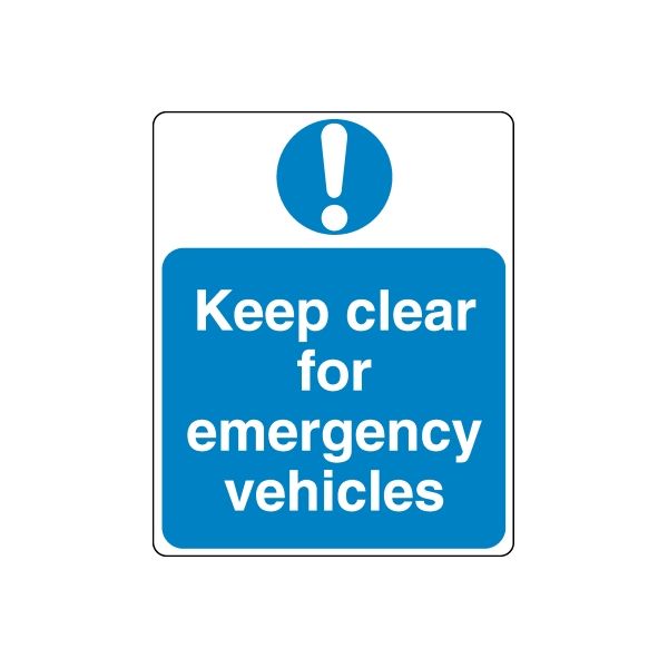 Blue safety sign wall decal sticker: Keep clear for emergency vehicles with exclamation icon