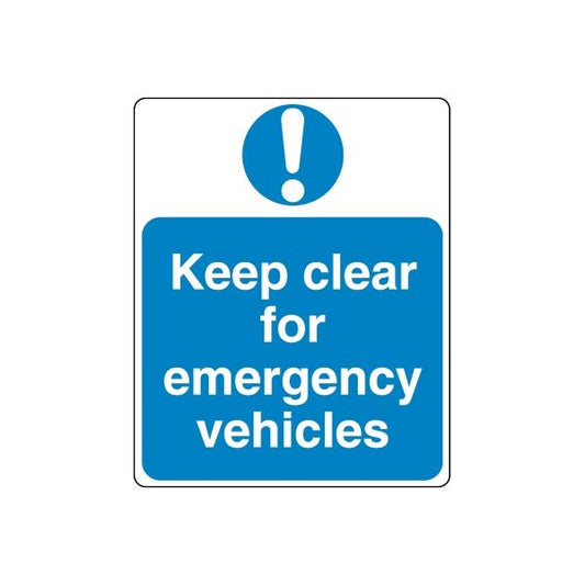 Blue safety sign wall decal sticker: Keep clear for emergency vehicles with exclamation icon
