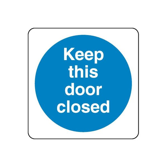 Safety door decal sticker with blue circle and white text, Keep this door closed