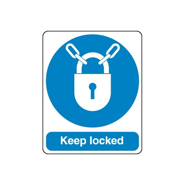 Safety padlock wall decal sticker with blue circle and 'Keep locked' text