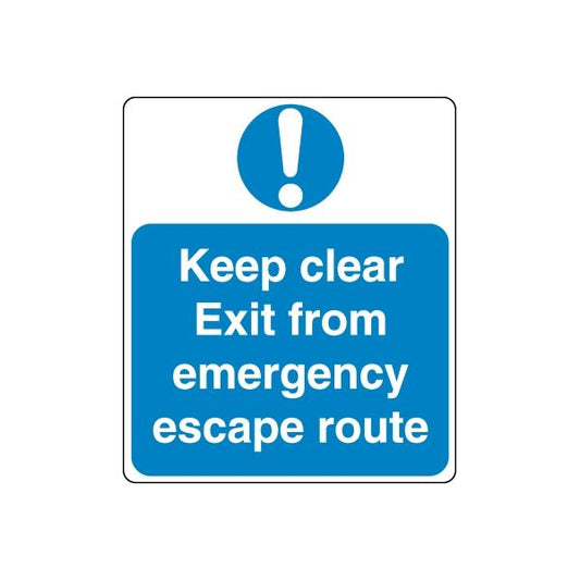 Blue safety decal with exclamation and text: 'Keep clear Exit from emergency escape route'