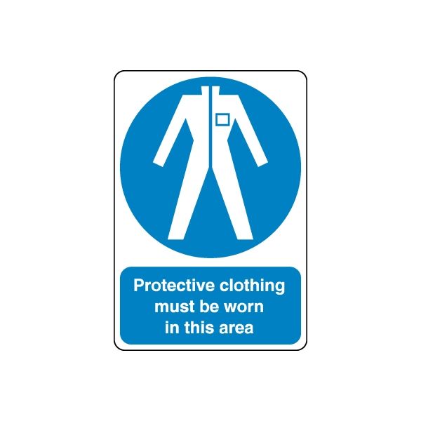 Safety sign decal sticker: blue circle, white icon, and Protective clothing must be worn text