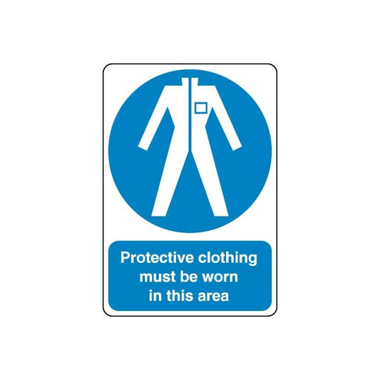 Safety sign decal sticker: blue circle, white icon, and Protective clothing must be worn text