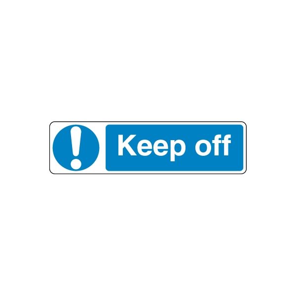 Safety sign wall decal: blue exclamation icon with 'Keep off' text