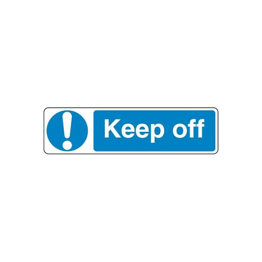 Safety sign wall decal: blue exclamation icon with 'Keep off' text