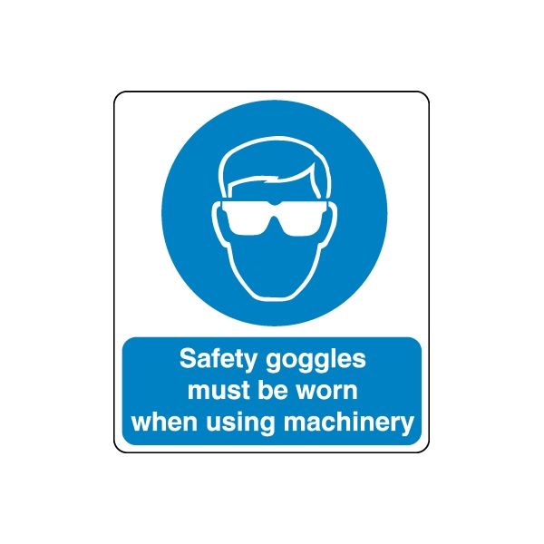 Safety sign wall decal with blue goggles icon and text: goggles must be worn when using machinery