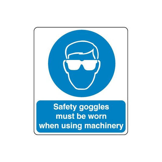 Safety sign wall decal with blue goggles icon and text: goggles must be worn when using machinery