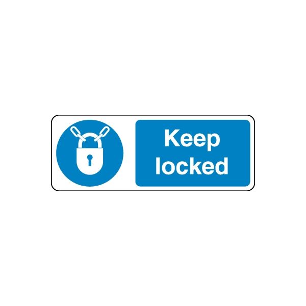 Safety sign wall decal, blue lock icon with Keep locked text in white.