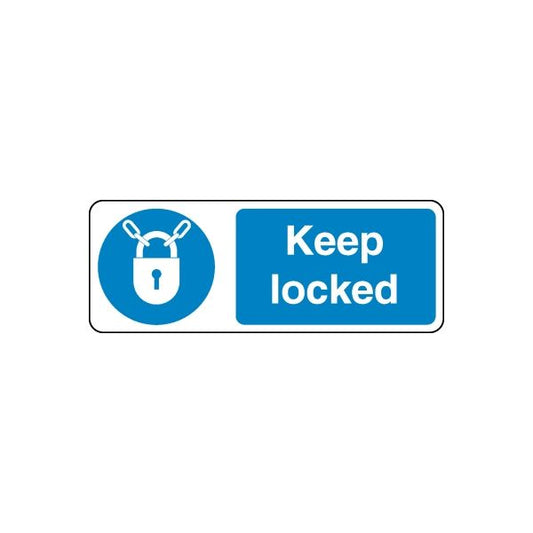 Safety sign wall decal, blue lock icon with Keep locked text in white.
