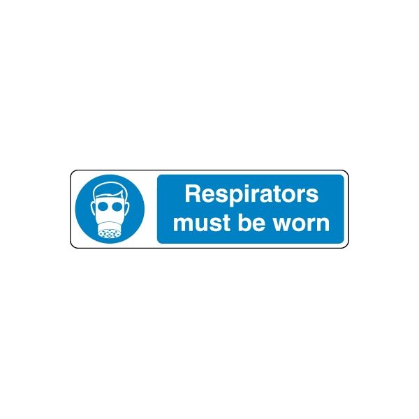 Safety sign decal: blue respirator mask icon and “Respirators must be worn”