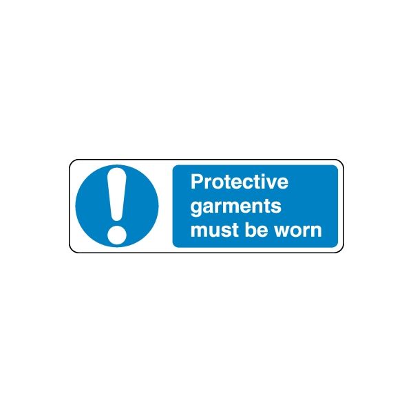 Safety warning sign vinyl decal with blue exclamation icon and 'Protective garments must be worn'