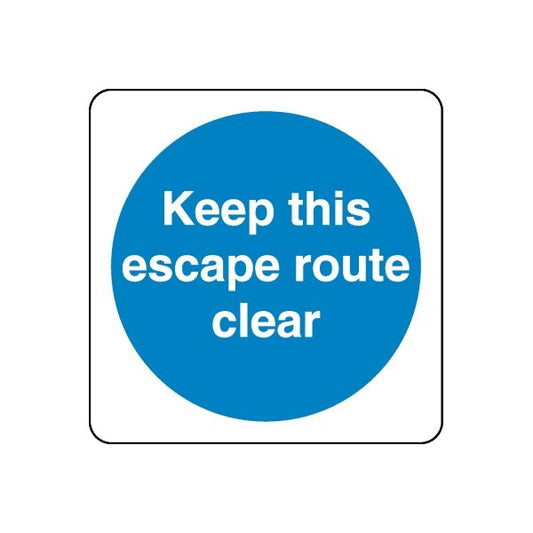 Safety sign wall decal with blue circle and white text: Keep this escape route clear