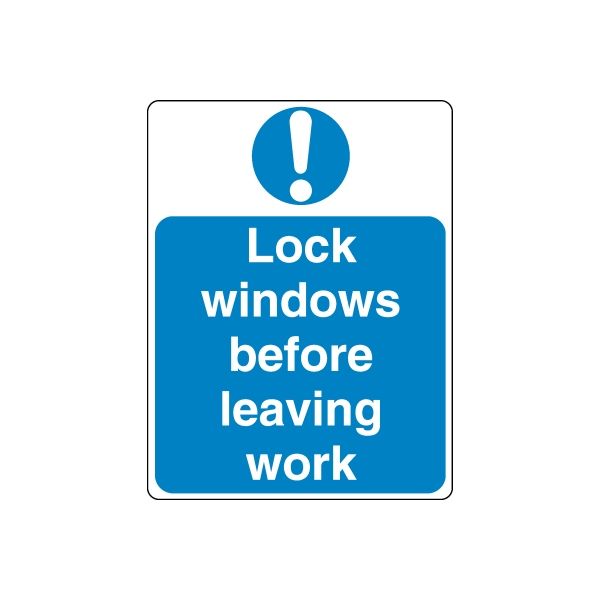 Blue safety sign decal with exclamation icon and 'Lock windows before leaving work'