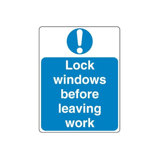 Blue safety sign decal with exclamation icon and 'Lock windows before leaving work'