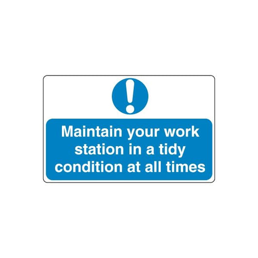 Safety sign wall decal with blue exclamation icon and text: “Maintain your work station”