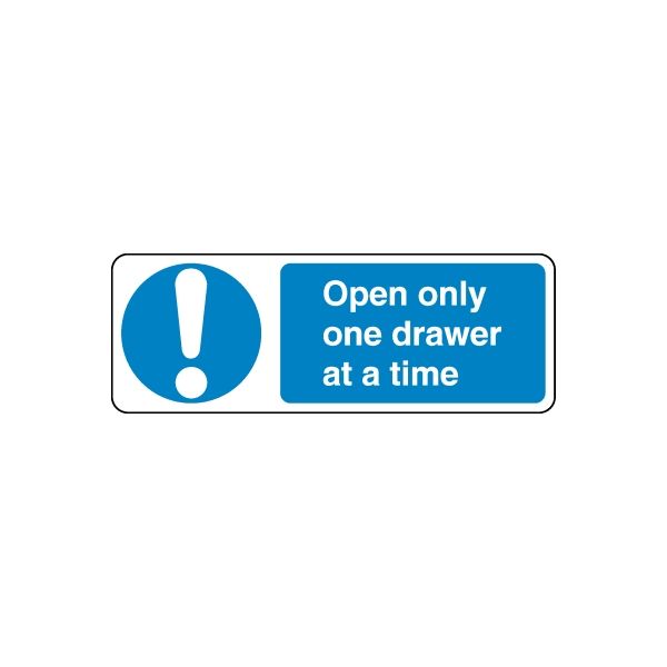 Safety sign vinyl sticker with blue exclamation symbol and text: Open only one drawer at a time