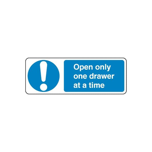 Safety sign vinyl sticker with blue exclamation symbol and text: Open only one drawer at a time