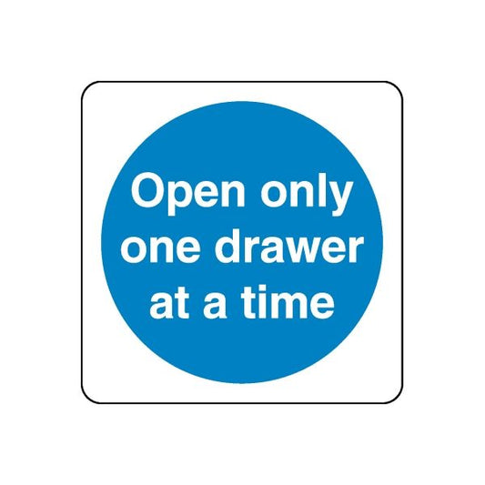 Safety sign wall decal with blue circle and white text: Open only one drawer at a time