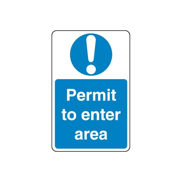 Safety sign decal: blue permit to enter area with white exclamation icon