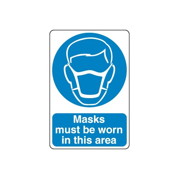 Safety sign vinyl decal with blue mask icon and text 'Masks must be worn in this area'
