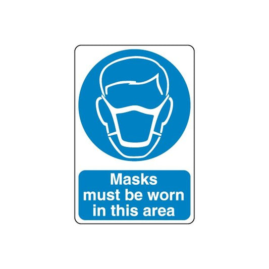 Safety sign vinyl decal with blue mask icon and text 'Masks must be worn in this area'
