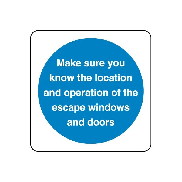Safety sign vinyl decal: blue circle with white text about escape windows and doors