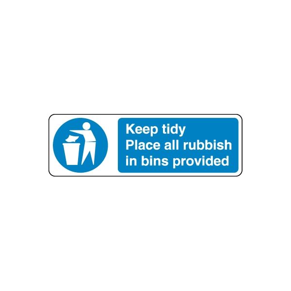 Safety sign wall decal with blue bin icon and text 'Keep tidy, rubbish in bins'
